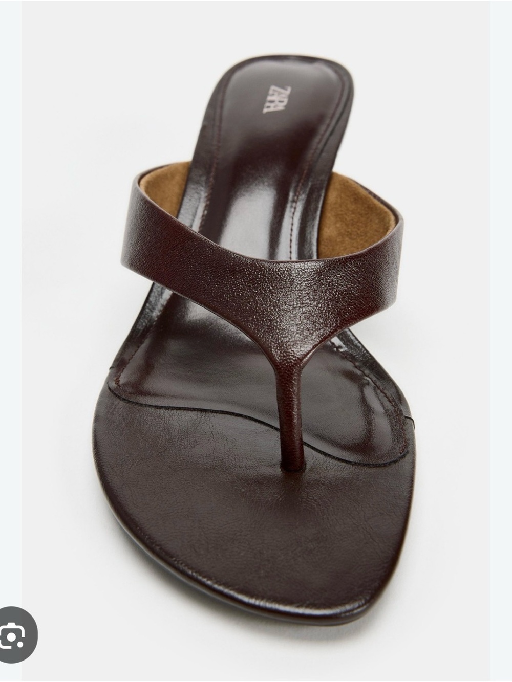 Zara Dark Brown Kitten Heel Leather Thong Sandals